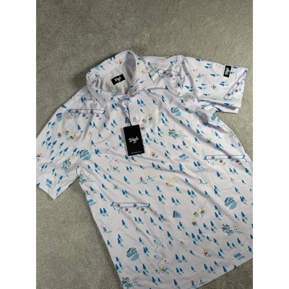 Waggle Men's Small Performance Golf Polo Shirt Mt. Squatch Downhill AOP NWT